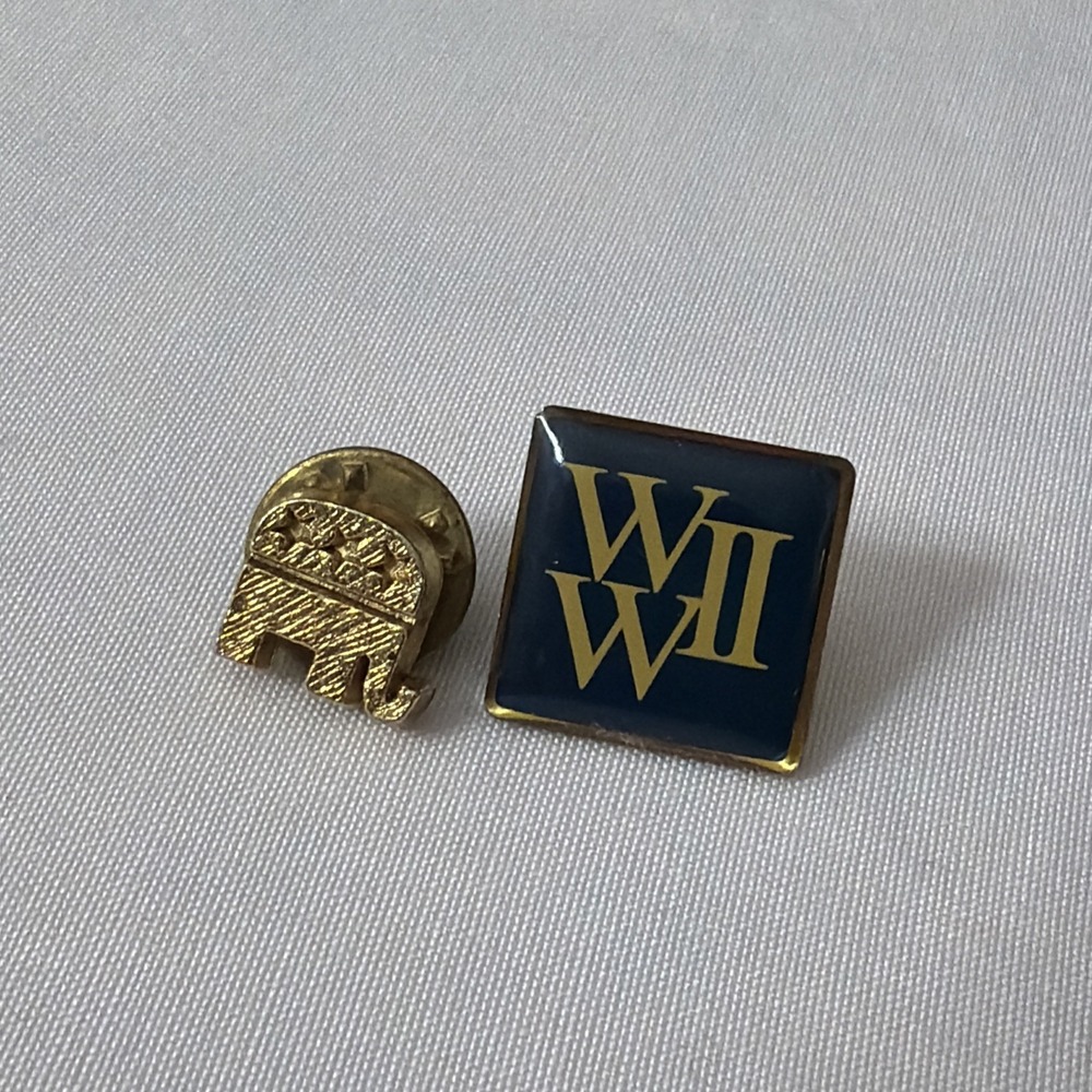 WW II Script Gold Tone Enamel Square Tie Lapel Pin Dark Blue Very Old History